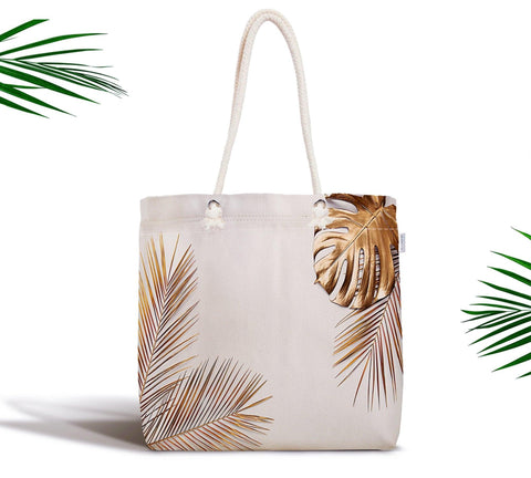 Gold Color Leaves Fabric Bag|Gold Color Crystal Shoulder Bag|Cosmetic Bag On White Background|Beach Bag|Custom Wedding Gift|Gift for Her