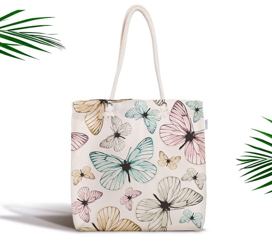 Butterflies Shoulder Bag|Colorful Butterflies Beach Tote Bag|Valentine&#39;s Day Gift for Her|Summer Trend Fabric Bag|Boho Style Messenger Bag