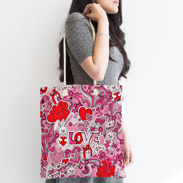 Love Shoulder Bag|Valentine&#39;s Day Handbag|Love Design Purse|Heart Print Beach Tote Bag|Boho Style Fabric Shopping Bag|Lovely Gift for Her