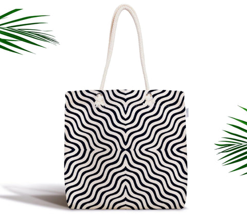 Black and White Fabric Shoulder Bag|Special Geometric Design Handbag|Black Beach Tote Bag|Daily Shoulder Bag with Inner Pocket|Black Purse