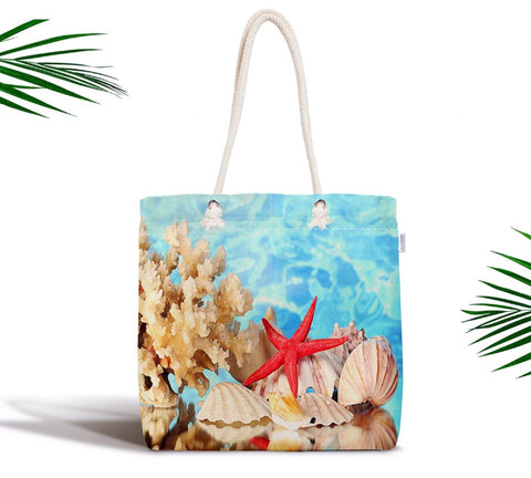 Coastal Shoulder Bag|Starfish Fabric Handbag|Colorful Seashells Handbag|Marine Beach Tote Bag|Digital Print Messenger Bag|Gift for Her