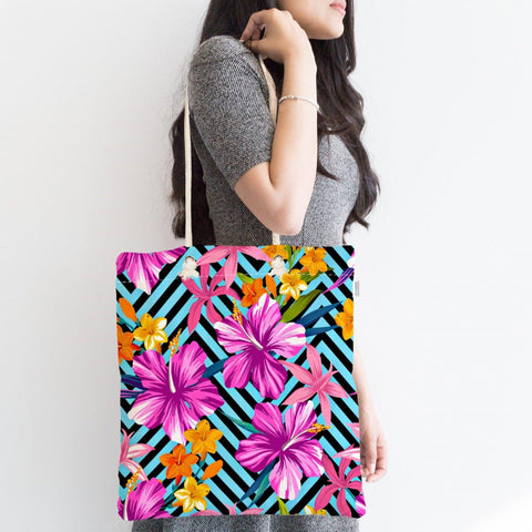 Floral Shoulder Bag|Fabric Handbag with Flower|Floral ZigZag Pattern Purse|Rose Beach Tote Bag|Summer Trend Rosy Messenger Bag|Gift for Her