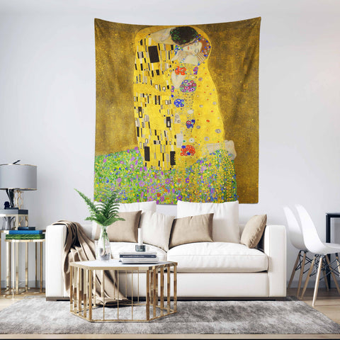 The Kiss by Gustav Klimt Wall Tapestry|Gustav Klimt Tapestry|Love Wall Hanging Art Decor|Masterpiece Fabric Wall Art|Valentines Day Gift