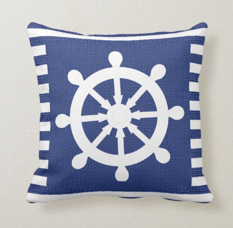 Nautical Pillow Cover|Anchor Throw Pillow Case|Navy Marine Pillow|Decorative Anchor Wheel Navy Home Decor|Geometric Navy Porch Pillow