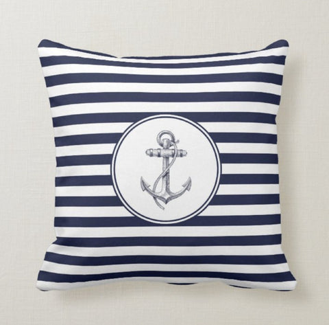Nautical Pillow Cover|Anchor Throw Pillow Case|Navy Marine Pillow|Decorative Ship Compass Wheel Navy Home Decor|Striped Navy Porch Pillow