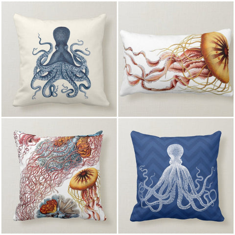 Beach House Pillow Case|Navy Marine Pillow Cover|Coastal Cushion Cover|Coral Throw Pillow|Octopus Jellyfish Sea Decor|Porch Pillow Case