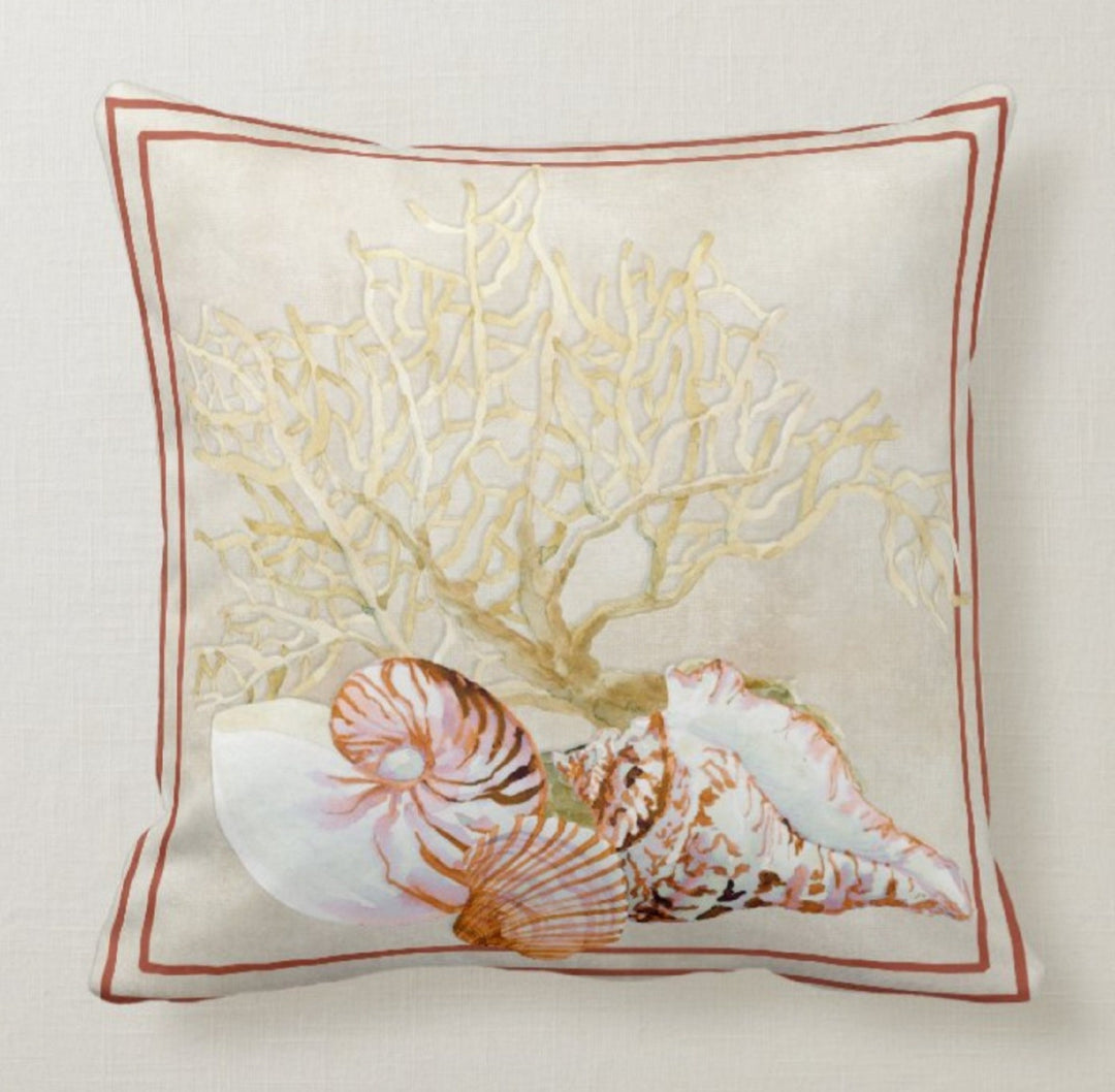 Beach House Pillow Covers|Coastal Pillow Case|Beige Marine Pillow|Decorative Nautical Cushions|Coral Throw Pillow|Seashell Home Decor
