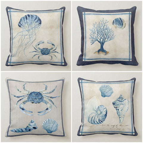Beach House Pillow Covers|Coastal Pillow Case|Navy Marine Pillow|Decorative Nautical Cushions|Coral Seashell Crabs Jellyfish Throw Pillow