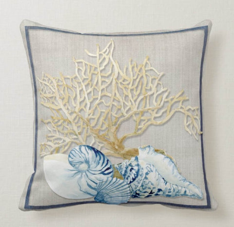 Beach House Pillow Covers|Coastal Pillow Case|Navy Marine Pillow|Decorative Nautical Cushions|Coral Throw Pillow|Blue Seashell Home Decor