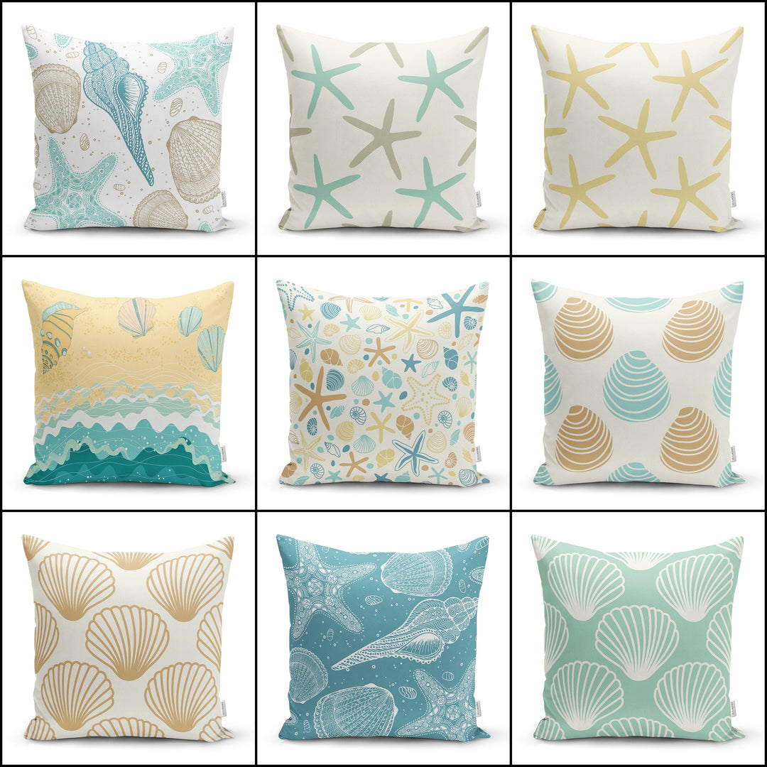 Blue Beige Turquoise Seashell Pillow Cover – Akasia