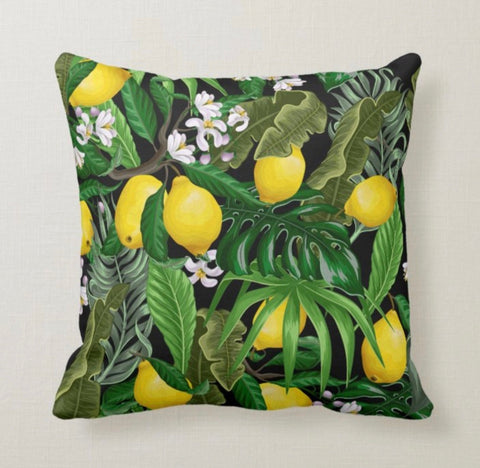 Lemons Pillow Cover|Floral Fresh Lemon Cushion Case|Decorative Green Lemon Tree|Striped Lemons Home Decor|Housewarming Yellow Citrus Decor