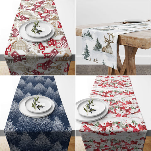 Winter Trend Table Runners|Snow, Houses and Trees Table Decor|Snowflakes Table Runner|Christmas Home Decor|Winter Tree and Deer Tablecloth
