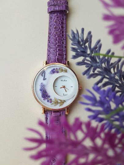 Embroidered Lavender Watch|Purple Floral Wrist Watch for Women|Personalized Unique Gift for Her|Mother&