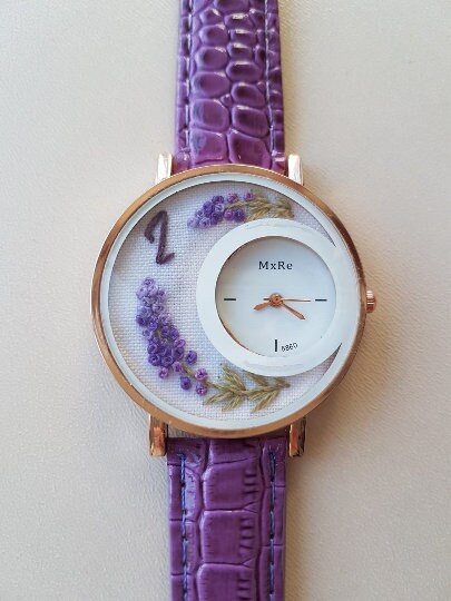 Embroidered Lavender Watch|Purple Floral Wrist Watch for Women|Personalized Unique Gift for Her|Mother&
