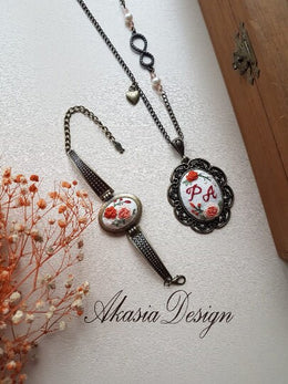 Personalized Floral Embroidery Jewelry|Vintage Embroidered Pendant|Unique Necklace, Bracelet for Valentine's Day|Hand Stitched Gift for Her