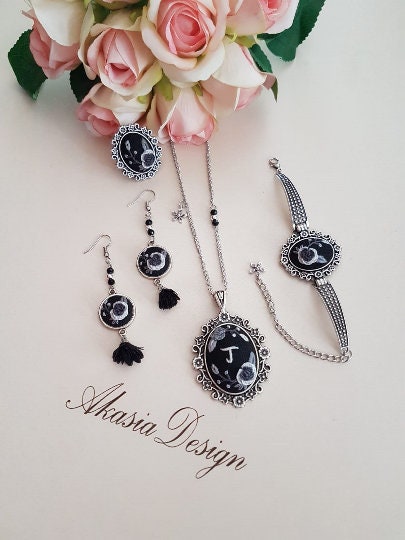 Embroidered Jewelry Set|Personalized Black Gray Floral Embroidery Jewelry|Vintage Embroidered Pendant Bracelet Earrings Ring|Gift for Her