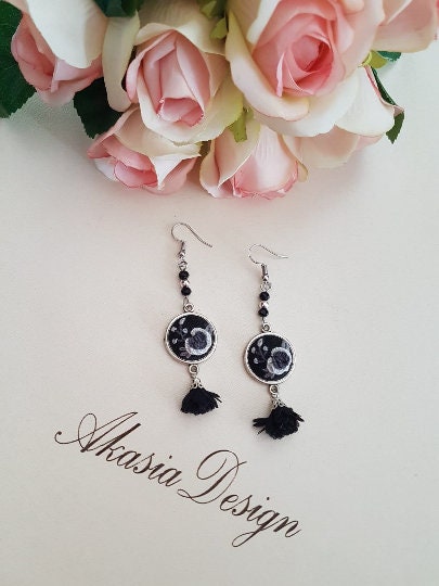Embroidered Jewelry Set|Personalized Black Gray Floral Embroidery Jewelry|Vintage Embroidered Pendant Bracelet Earrings Ring|Gift for Her