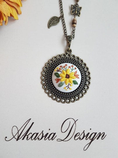 Sunflower Embroidered Jewelry|Stylish Handmade Yellow Floral Embroidery Necklace|Vintage Style Embroidered Pendant|Unique Gift for Her