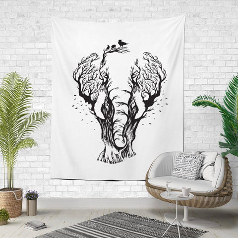 Elephant Fabric Wall Tapestry|Minimalist Elephant Wall Hanging Art|Abstract Elephant with Tree and Birds Fabric Wall Art|Boho Style Decor