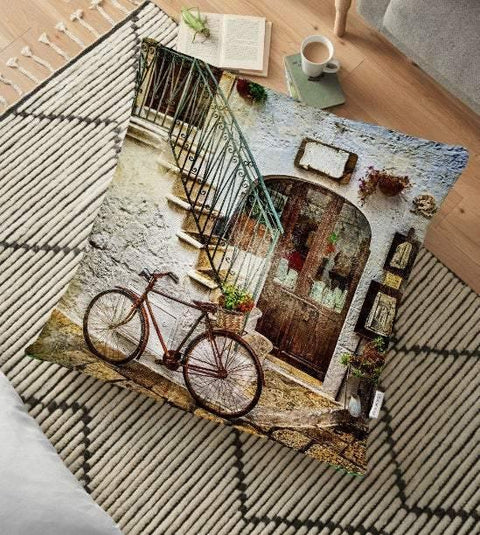 Bike Floor Pillow Cover|Floor Cushion Case|Decorative Pillow Case|Flower Floor Cushion Cover|Digital Print Floor Cushion|Housewarming Gift