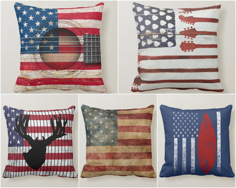 American Flag Pillow Cover|Vintage Guitar USA Flag Cushion Case|Red White Blue Throw Pillow|Abstract American Flag Decor|Square Pillow Case
