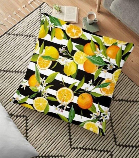 Floral Lemon Floor Pillow Cover|Lemon Cushion Case|Decorative Fruit Cushion|Housewarming Citrus Home Decor|Farmhouse Style Lemon Pillow