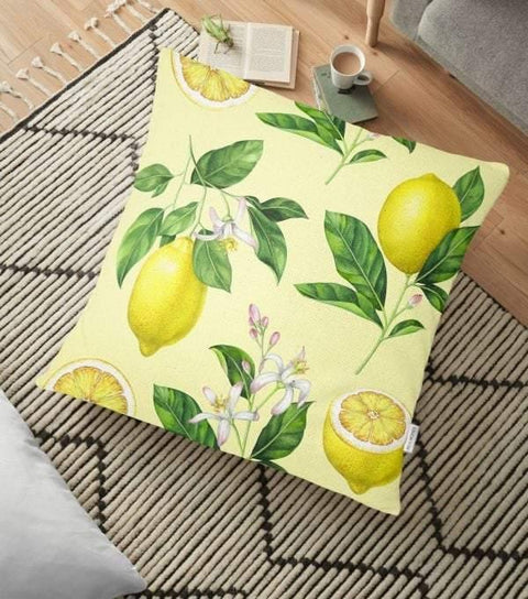 Floral Lemon Floor Pillow Cover|Lemon Cushion Case|Decorative Fruit Cushion|Housewarming Citrus Home Decor|Farmhouse Style Lemon Pillow