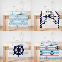 Nautical Table Runner|Navy Anchor Table Cover|Decorative Nautical Tabletop|Wheel Home Decor|Outdoor Beach House Decor|Nautical Objects Decor