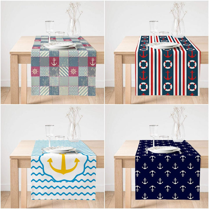 Nautical Table Runner|Navy Anchor Table Cover|Decorative Nautical Tabletop|Wheel Home Decor|Outdoor Beach House Decor|Navy Anchor and Wheel