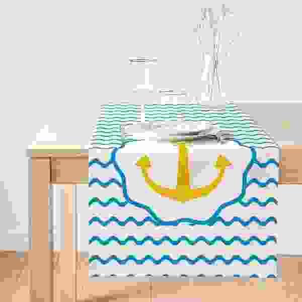 Nautical Table Runner|Navy Anchor Table Cover|Decorative Nautical Tabletop|Wheel Home Decor|Outdoor Beach House Decor|Navy Anchor and Wheel