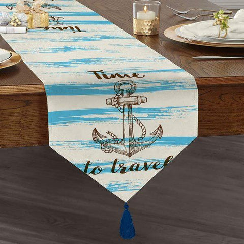 Nautical Table Runner|High Quality Triangle Chenille Table Runner|Navy Anchor Table Decor|Time to Travel Home Decor|Tasseled Chenille Runner