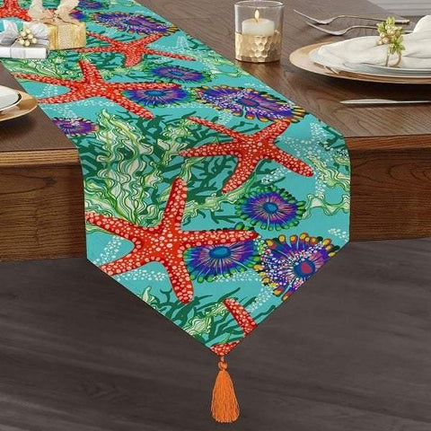 Beach Table Runner|High Quality Triangle Chenille Table Runner|Starfish and Oyster Table Decor|Nautical Home Decor|Tasseled Chenille Runner