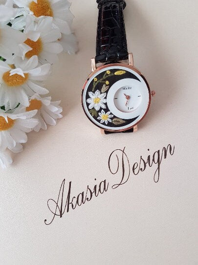 Embroidered Black Wrist Watch|Personalized Daisy Vintage Women Watch|Unique Floral Watch Gift for Mother|Hand Stitched Daisy Embroidery