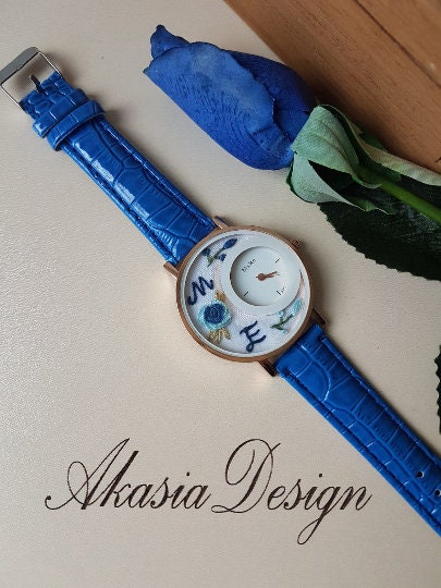 Personalized Wrist Watch|Floral Embroidery Blue Watch|Vintage Watch|Unique Gift Watch for Women|Hand Stitched Gift for Mom|Baby Shower Gift