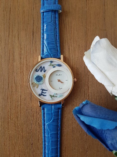 Personalized Wrist Watch|Floral Embroidery Blue Watch|Vintage Watch|Unique Gift Watch for Women|Hand Stitched Gift for Mom|Baby Shower Gift