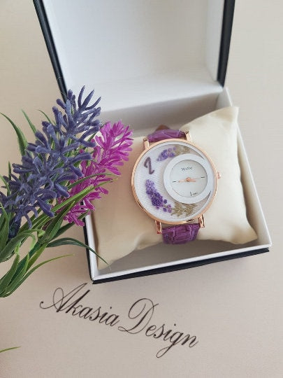 Embroidered Lavender Watch|Purple Floral Wrist Watch for Women|Personalized Unique Gift for Her|Mother's Day Gift|Hand Stitched Embroidery