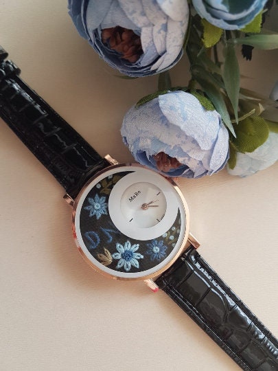 Personalized Embroidered Watch|Blue Daisy Embroidered Black Wrist Watch|Women&