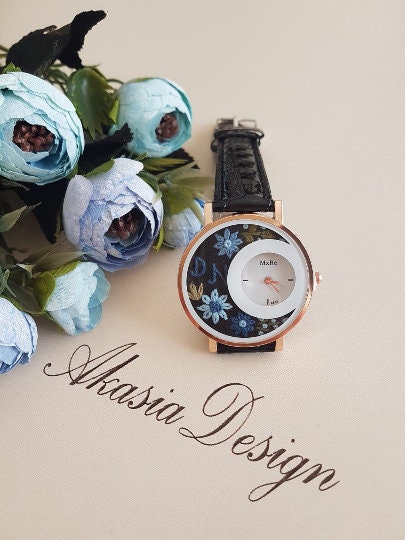 Personalized Embroidered Watch|Blue Daisy Embroidered Black Wrist Watch|Women&