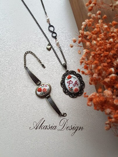 Personalized Floral Embroidery Jewelry|Vintage Embroidered Pendant|Unique Necklace, Bracelet for Valentine&