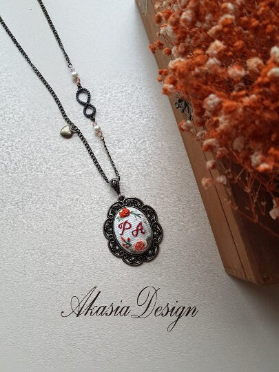 Personalized Floral Embroidery Jewelry|Vintage Embroidered Pendant|Unique Necklace, Bracelet for Valentine&