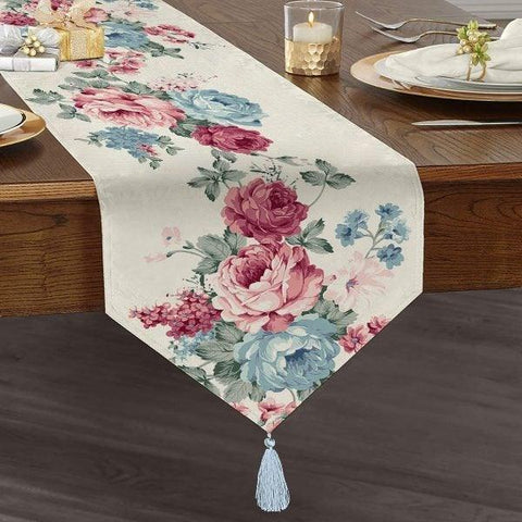 Floral Table Runner|High Quality Triangle Chenille Flowers Table Runner|Summer Trend Table Decor|Farmhouse Table|Yellow Rose Tasseled Runner
