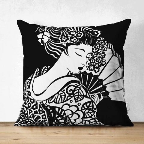 Japanese Girl Pillow Cover|Asian Design Cushion Case|Authentic Kimono Woman Case|Far East Woman Decor|Traditional Geisha Fan Culture Cushion