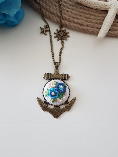 Floral Embroidered Anchor Pendant|Stylish Handmade Embroidery Necklace|Vintage Style Hand Embroidered Pendant|Unique Jewelry gift for her