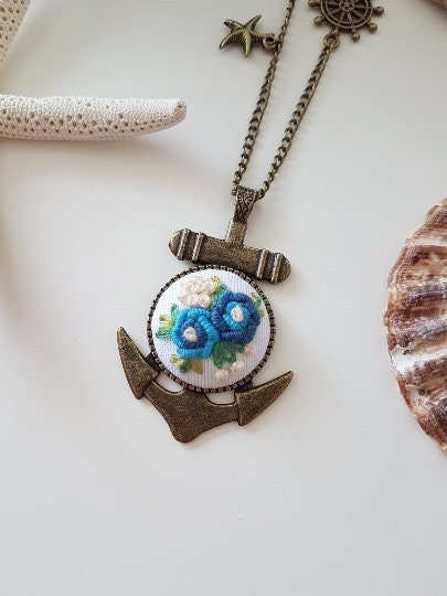 Floral Embroidered Anchor Pendant|Stylish Handmade Embroidery Necklace|Vintage Style Hand Embroidered Pendant|Unique Jewelry gift for her