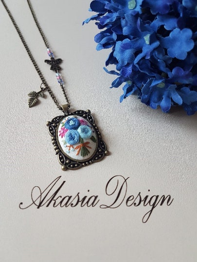 Hand Stitched Necklace|Personalized Blue Floral Embroidery Necklace|Vintage Embroidered Pendant|Unique Jewelry gift for her|Wedding Gift