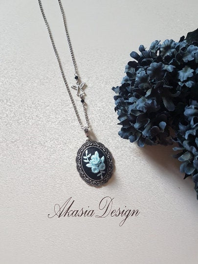 Hand Stitched Necklace|Black Blue Embroidery Necklace|Blue Floral Embroidered Jewelry|Bridesmaid Vintage Pendant|Gift for Her|Gift for Mom