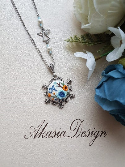 Personalized Snowflake Necklace|Vintage Blue Floral Embroidered Initial Pendant|Unique Baby Shower Embroidery Jewelry|New Mom Gift