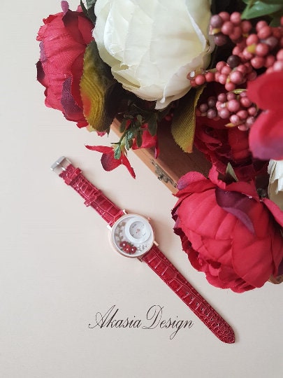 Personalized Embroidered Red Watch|Custom Vintage Women Floral Wrist Watch|Unique Embroidery Gift for Mother|Hand Stitched Wild Flower Watch