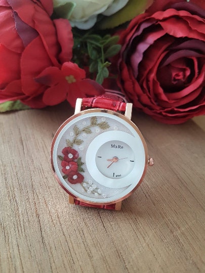 Personalized Embroidered Red Watch|Custom Vintage Women Floral Wrist Watch|Unique Embroidery Gift for Mother|Hand Stitched Wild Flower Watch