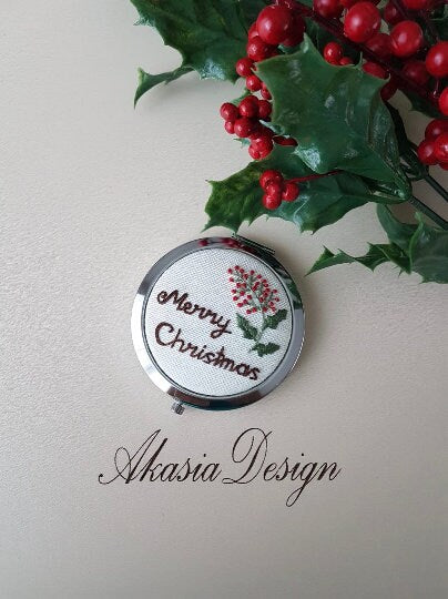 Christmas Pocket Mirror|Embroidered Hand Mirror|Personalized Floral Compact Mirror|Vintage Embroidery|Unique Baby Shower Gift|New Mom Gift